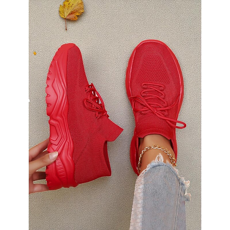 Women's Red Flyknit Chunky Sole Sneakers – Breathable Lace-Up Sports Shoes for Casual Streetwear and Gym Training3