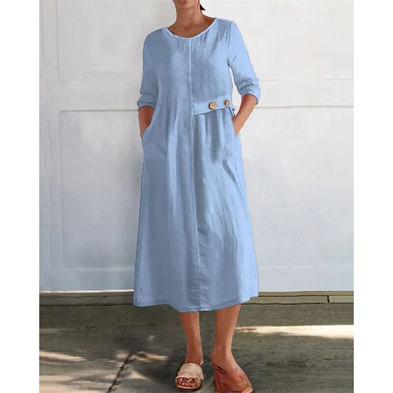 Women's Long Dress Maxi Dress Casual Dress Cotton Linen Dress Fashion Modern Daily Date Weekend Regular Fit Plain Long Sleeve Crew Neck Black White Red Khaki Spring Fall4