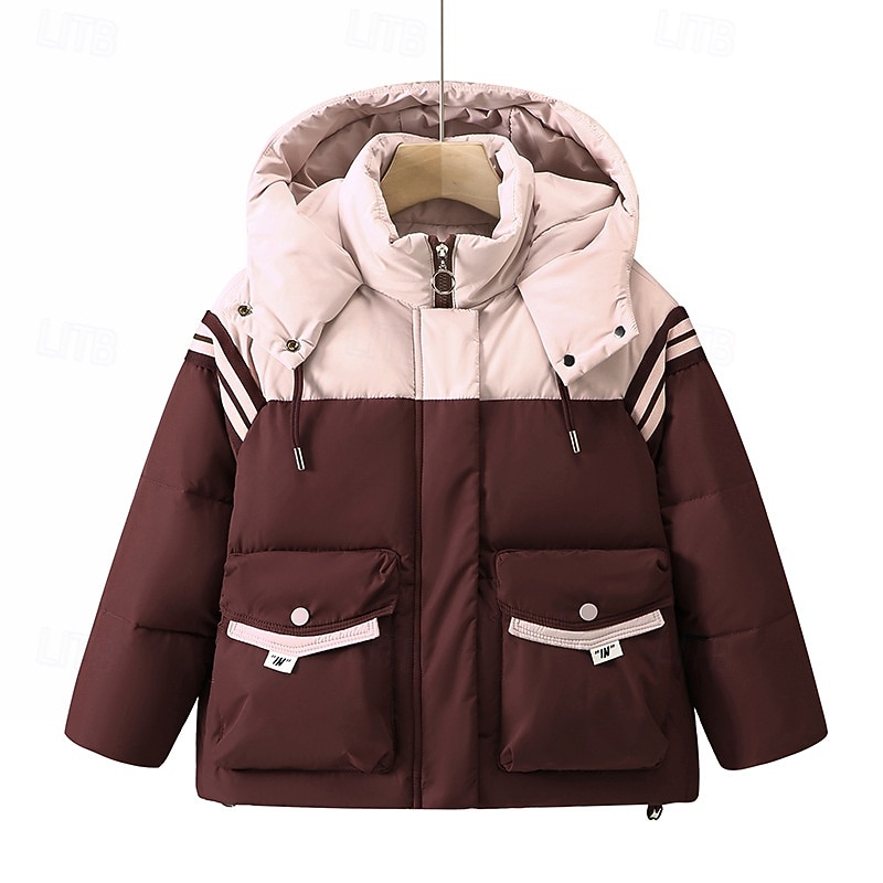Kids Girls' Down Jacket Outdoor Jacket Puffer Jacket Stripe Fashion Keep Warm Windproof Outdoor Coat Outerwear 4-12 Years Fall Black Wine Coffee3