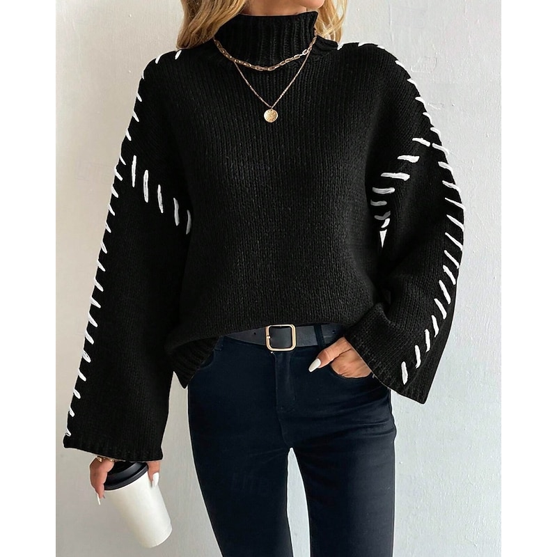 Women's Sweater Pullover Fashion Casual Pure Color Ribbed Turtleneck Knitted Long Sleeve Regular Tops Knit Outdoor Daily Weekend Black Fall Winter4