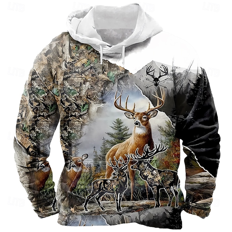 Men's Deer Hoodie Sweatshirt Fashion Classic Crew Neck Outdoor Hunting White Drawstring Fall Winter Designer