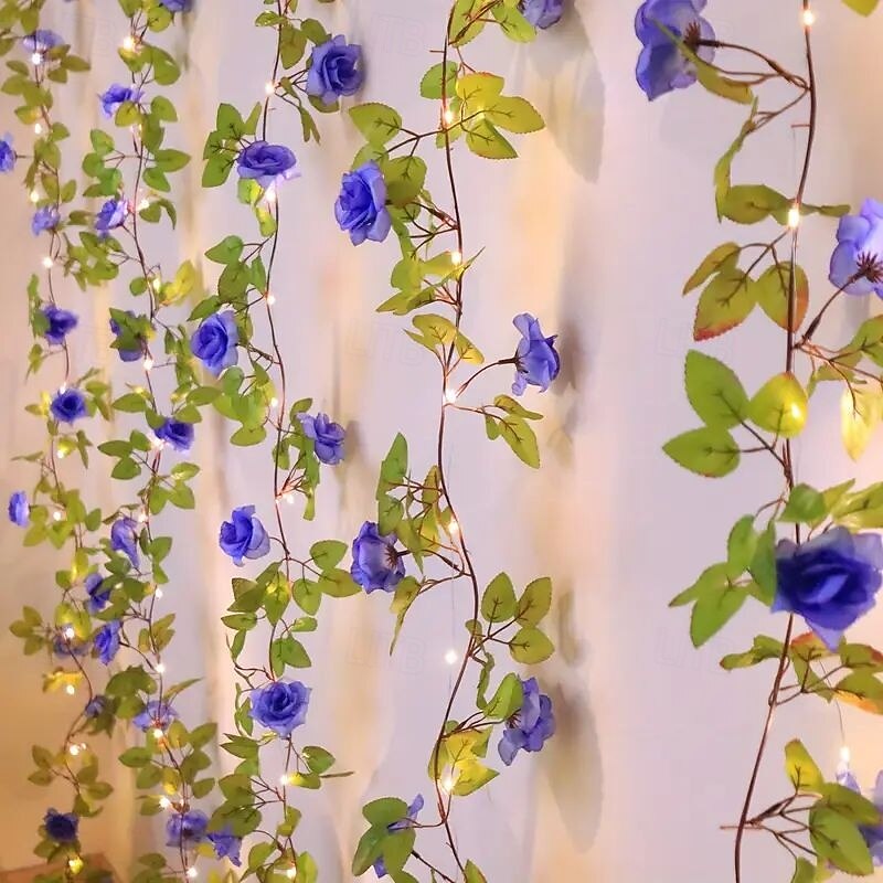 Elegant Blue Rose Vine String Lights Battery Powered 2 Meters 20 Lights Artificial Garland for Weddings Birthdays Mother's Day Lovers Bedroom Fireplace Stairs Balcony Garden Decoration2