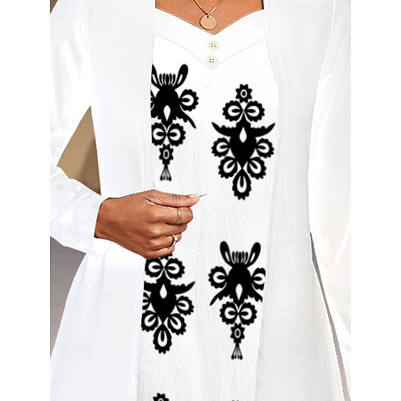 Women's Midi Dress A Line Dress Casual Daily Loose Fit Floral Long Sleeve V Neck White Summer Spring Fall4