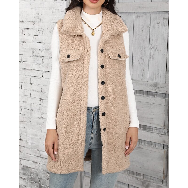 Women's Vest Comfortable Pocket Buttons Casual Solid Color Vacation Street Casual Daily Wear Regular Long Turndown Regular Fit Sleeveless Outerwear Khaki Fall Winter