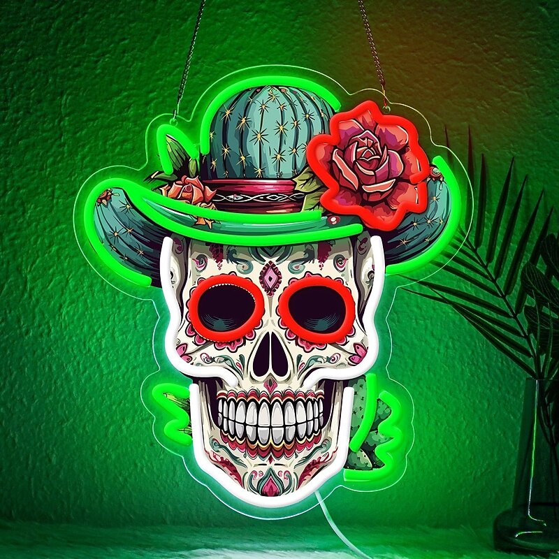 1 Pc 38 * 30CM Halloween Skull UV Neon Decorative Light Indoor Restaurant Party Festive Atmosphere Wall Light Dimmable Rose Skull Light Signage USB Power Supply2