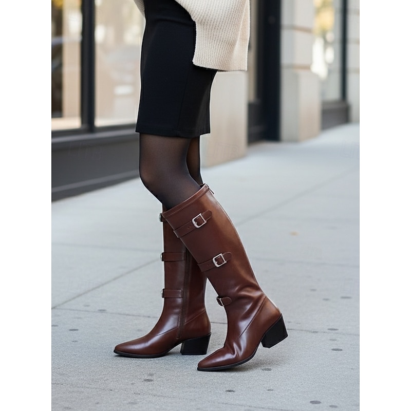 Women's Knee High Riding Boots with Triple Buckle Straps and Block Heels -Trendy Urban Fashion Footwear for Stylish Daily Wear and City Outfits