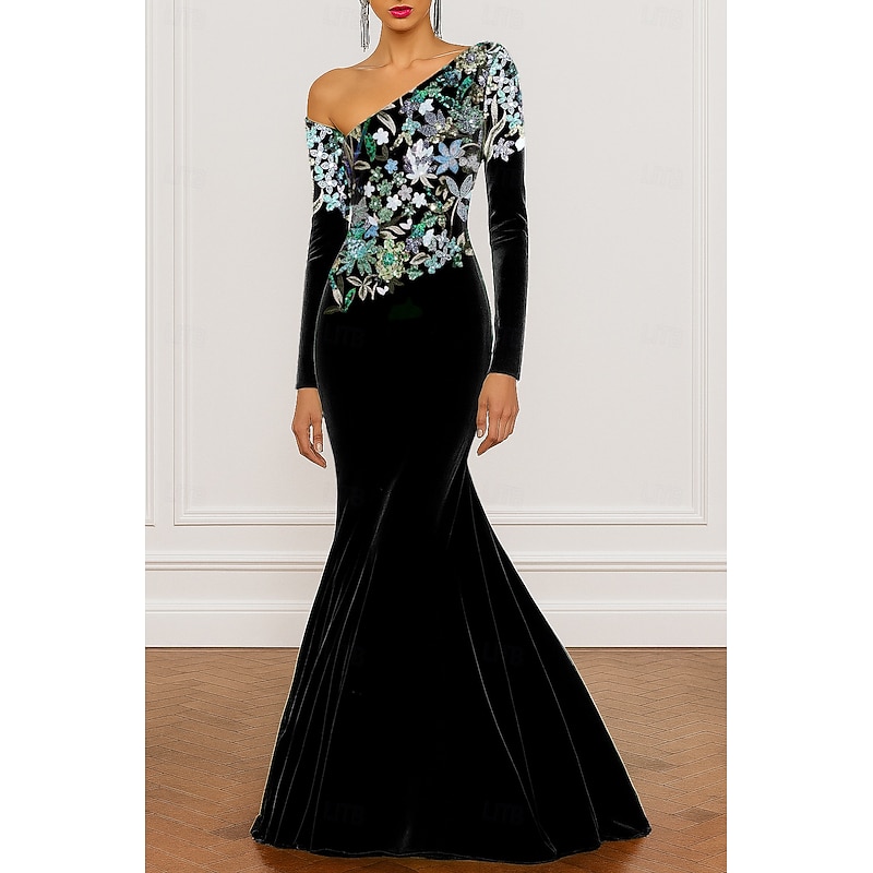 Green Mermaid / Trumpet Evening Gown Elegant Formal Dress Formal Wedding Floor Length Long Sleeve One Shoulder Velvet with Embroidery Appliques 20253