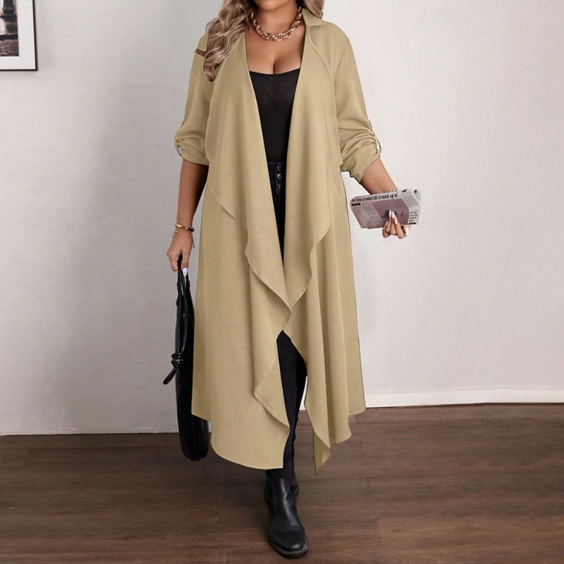 Women's Trench Coat Warm Comfortable Pocket Irregular Hem Casual Plain Vacation Daily Wear Going out Weekend Long Turndown Loose Fit Long Sleeve Outerwear Khaki Fall Winter3