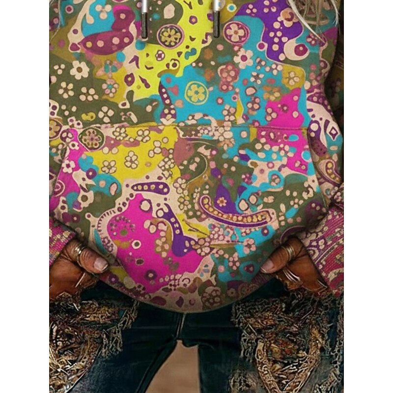 Women's Pullover Hoodies Abstract Vintage Streetwear Casual Long Sleeve Hooded Regular Tops Dailywear Casual Sports Drawstring Pocket Print Green Spring Fall3