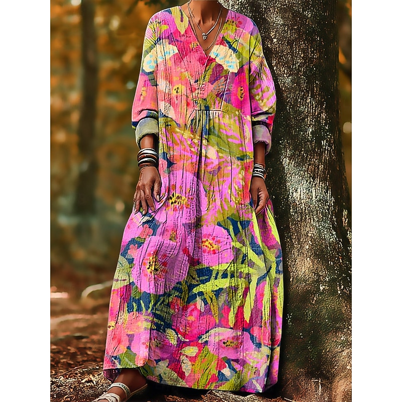 Women's Midi Dress Shift Dress Vacation Casual Boho Going out Beach Loose Fit Floral Graphic Long Sleeve V Neck Yellow Pink Purple Spring Fall Winter