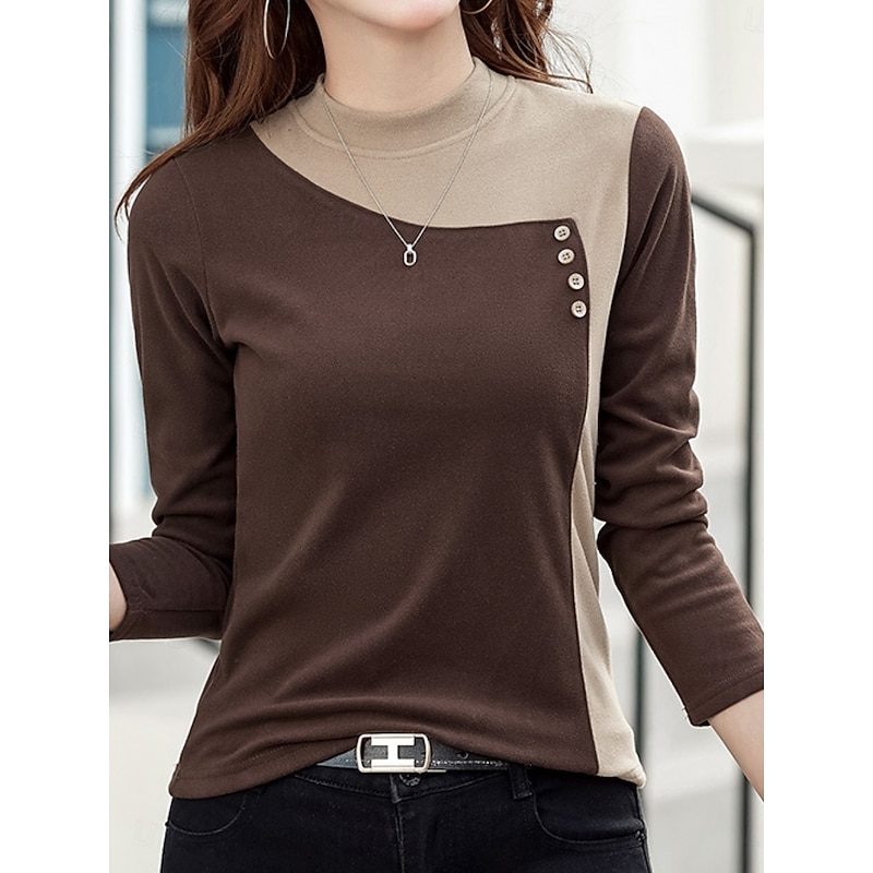 Women's Blouse Geometric Stylish Casual Long Sleeve High Neck Regular Tops Daily Patchwork Black Brown Gray Spring Fall Winter3
