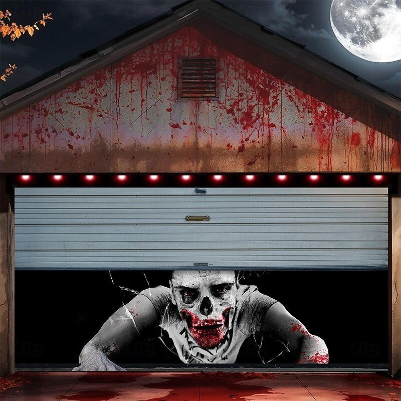 Halloween Haunted Garage Door Cover, Scary Ghost with Blood Footprints and "I SEE YOU" Print, Creepy Horror Decoration for Outdoor Yard, House, or Party 20254