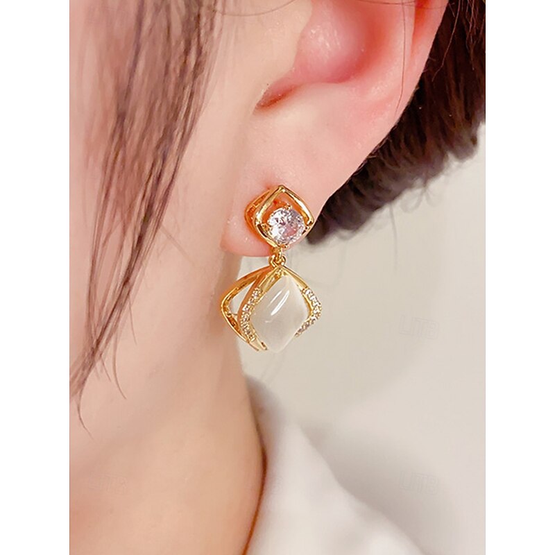 Women's Elegant Gold-Plated Drop Earrings with Cat's Eye and Zircon, Available in Pierced Stud and Clip-On Styles for Weddings, Parties and Formal Occasions4