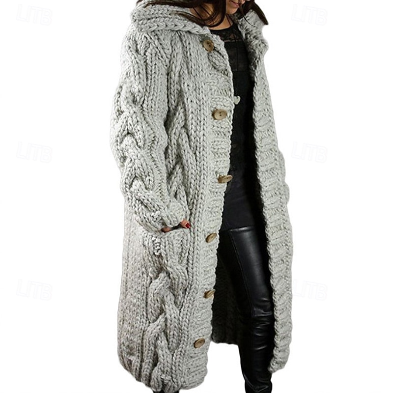 Women's Sweater Cardigan Elegant Fashion Streetwear Pure Color Ribbed Shirt Collar Hooded Pocket Knitted Long Sleeve Long Tops Knit Outdoor Daily Weekend Wine Red Black Fall Winter2