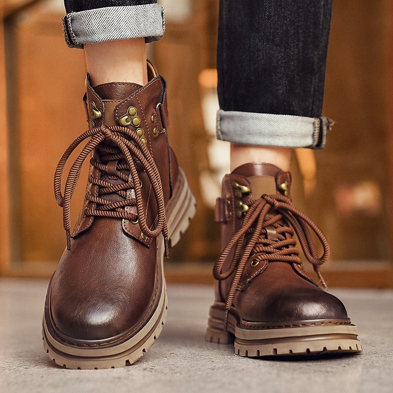Men's Brown Faux Leather Ankle Work Boots with Heavy-Duty Non-Slip Sole, Industrial Outdoor Style for Construction, Hiking and Casual Streetwear2