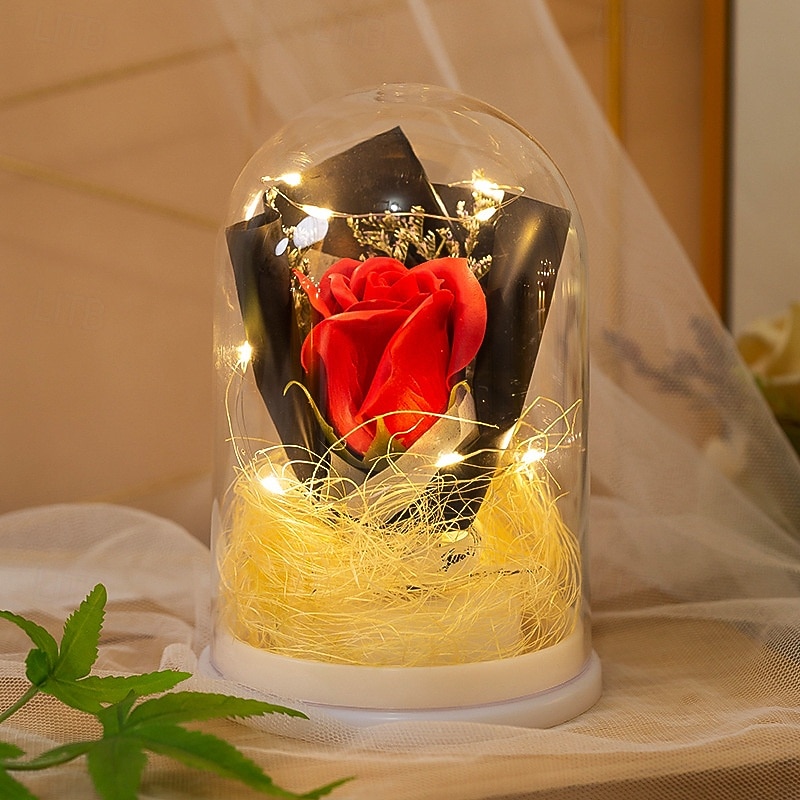 1 Pc 15 * 10CM Christmas Halloween Valentine's Day Mother's Day Luminous Eternal Flower Transparent Cover Simulated Rose LED Nightlight Desktop Decorative Light Pendant Light AAA Battery Gift