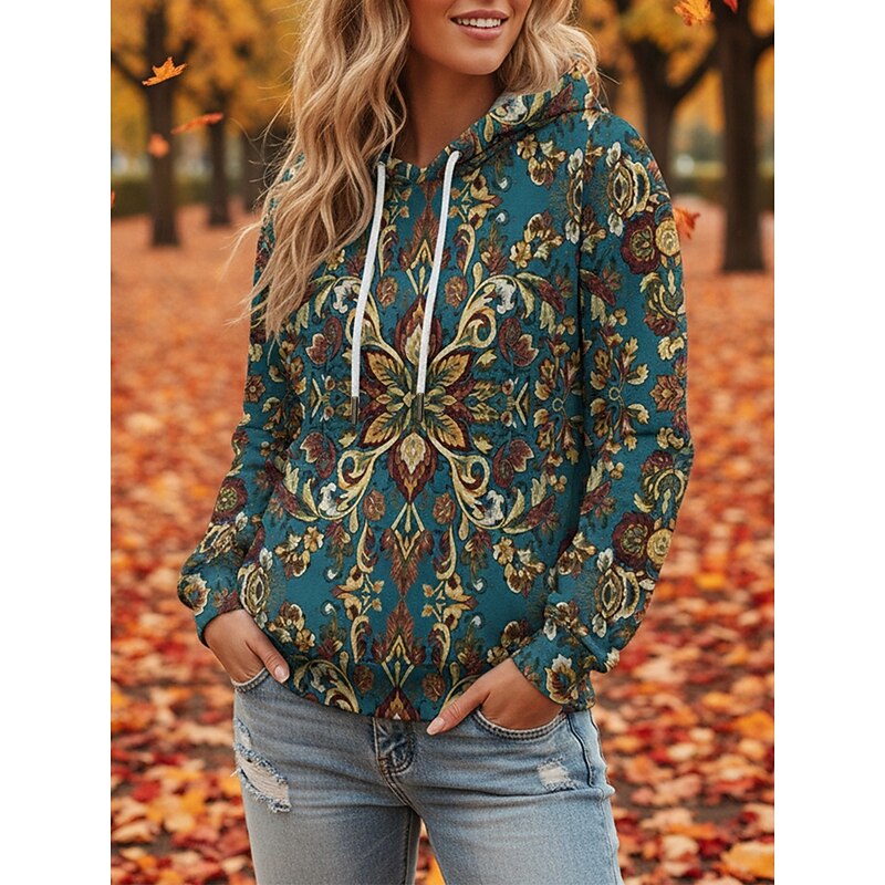 Women's Pullover Hoodies Floral Vintage Streetwear Long Sleeve Hooded Regular Tops Dailywear Casual Drawstring Print Navy Blue Green Spring Fall
