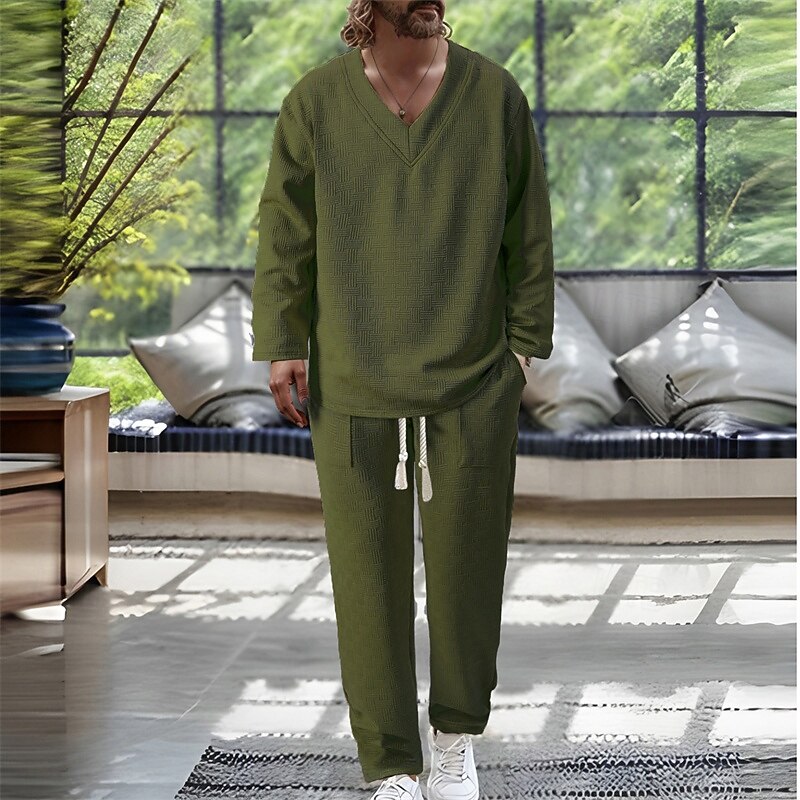 Men's T-shirt Suits Shirt and Pant Sets 2 Pieces Outfits Long Sleeve V Neck Spring Fall Plain Fashion Casual Jacquard 2 Piece Vacation Daily Wear Going out Black White Khaki Top Tee for Men3