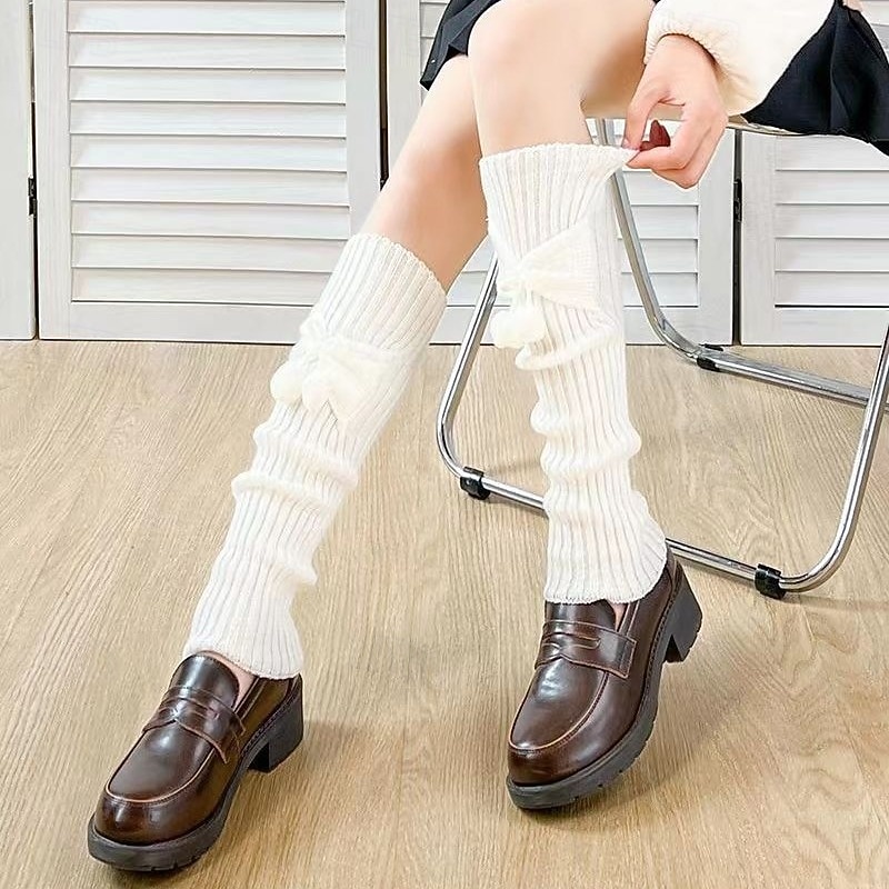 Cute Lolita Bow Ball Knee High Socks, Solid Color Ruffled Sock Covers, JK School Uniform Style, Spring and Summer Women Knit Calf Socks