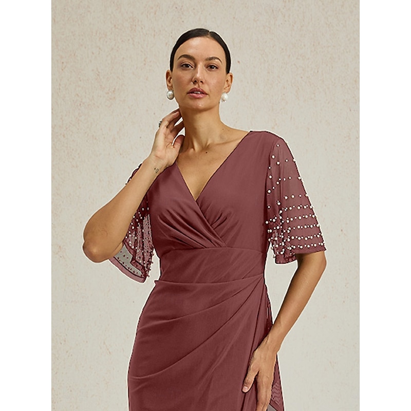 Women's Maxi Dress Sheath Dress Elegant Solid Color Short Sleeve V Neck Dark Pink Summer Spring Fall3