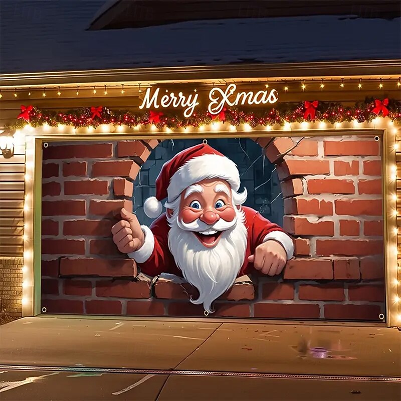 Christmas Tapestry Garage Door Cover Large Hanging Backdrop Santa Claus Cute 3D Party Outdoor Holiday Shooting Backgrounds Yard Home Decor