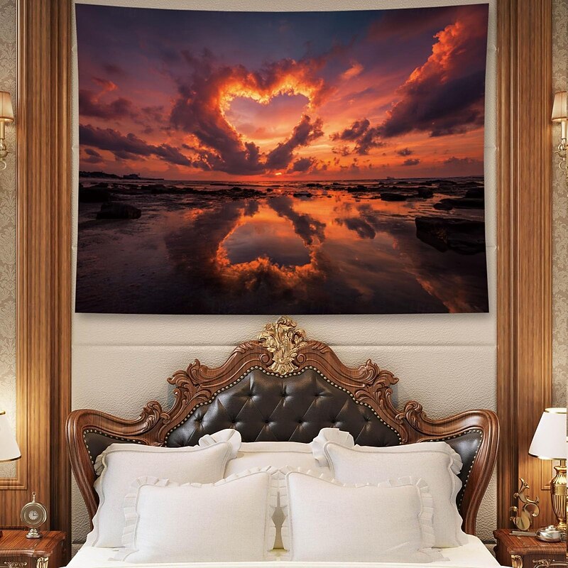 Beautiful Ocean Sea Pink Sunset Heart Shaped Cloud Landscape Hanging Tapestry Wall Art Large Tapestry Mural Decor Photograph Backdrop Blanket Curtain Home Bedroom Living Room Decoration3