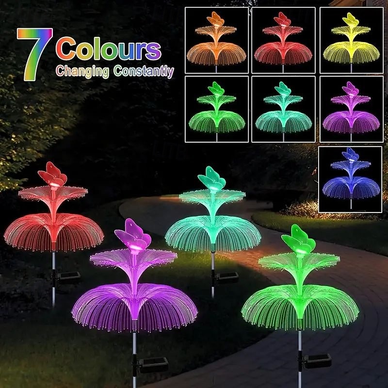 4PCS Solar LED Jellyfish Butterfly Lawn Light Outdoor Christmas Tree Star Garden Light RGB Changing Christmas Party Yard Lawn Garage Walkway Decoration Solar Landscape Light4