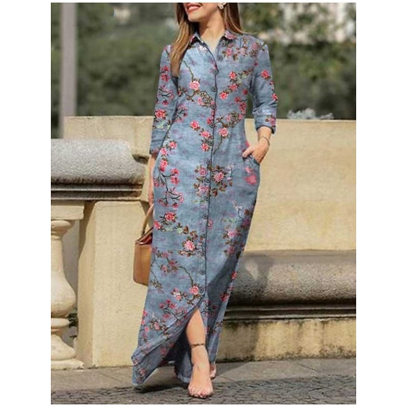 Women's Maxi Dress A Line Dress Casual Daily Regular Fit Floral Long Sleeve Lapel White Pink Navy Blue Blue Spring Fall3