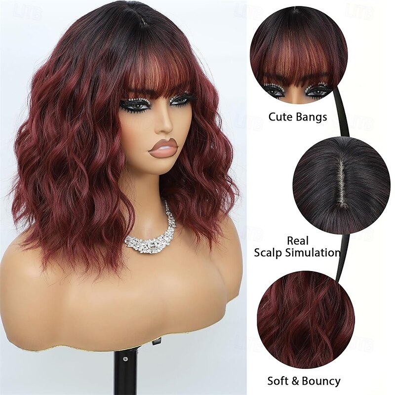 Synthetic Bob Wig with Bangs for Women Burgundy Synthetic Heat Resistant Loose Curly Wavy Wig Short Wine Red Glueless Bob Wig Everyday Hairstyle4