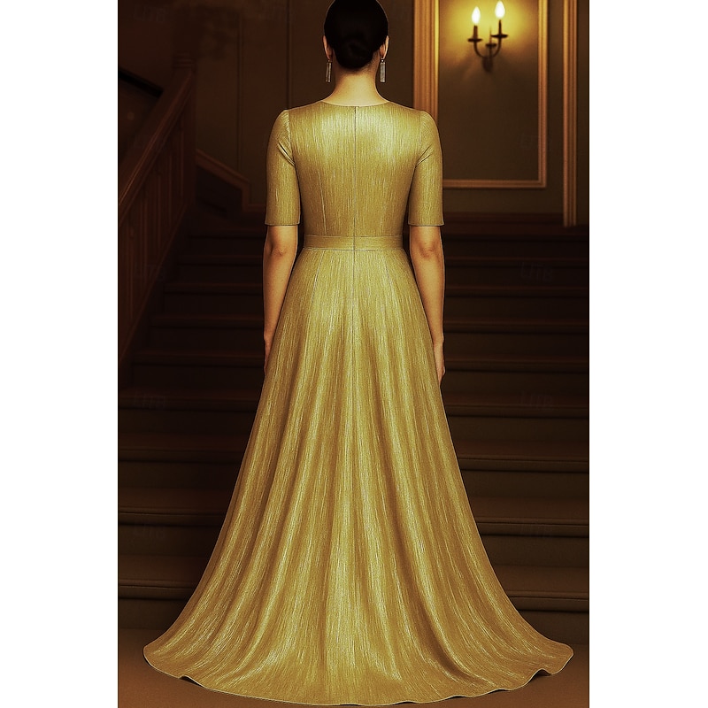 Red Black A-Line Evening Gown Elegant Formal Dress Formal Wedding Floor Length Half Sleeve V Neck Champagne Mother Of the Bride Dress Lurex Fabric with Glitter Ruffles 20252