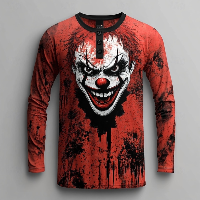 Men's Halloween Graphic Clown Henley Shirt Long Sleeve Fashion Cute Daily Casual Holiday Going out Fall Spring &  Fall Dark red Red Red Black Henley Henley T-Shirt4