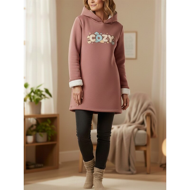 Women's Pullover Hoodie Sweatshirt Letter Warm Casual Sherpa Fleece Long Sleeve Hooded Long Tops Street Dailywear Casual Print Dark Pink Gray Fall Winter