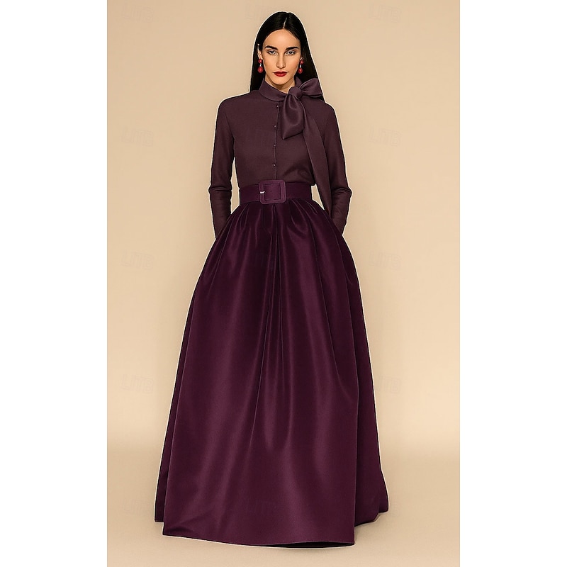 Shirtdress Gown Evening Gown Elegant Formal Dress Formal Wedding Floor Length Long Sleeve High Neck Pocket Satin with Bow(s) 2025