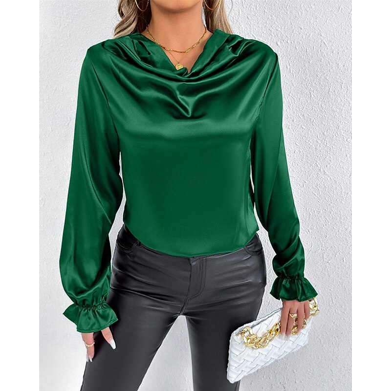Women's Shirt Elegant Dressy Satin Solid Color Stylish Casual Long Sleeve Cowl Neck Regular Tops Daily Going out Draped Black Pink Green Apricot Spring Fall2