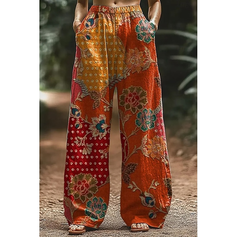 Women's Culottes Wide Leg Wide Leg Chinos Vacation Vintage Ethnic Style Full Length High Waist Floral Graphic Abstract Quick Dry Breathability Soft Inelastic Formal Outdoor Vacation Pink Red Purple4