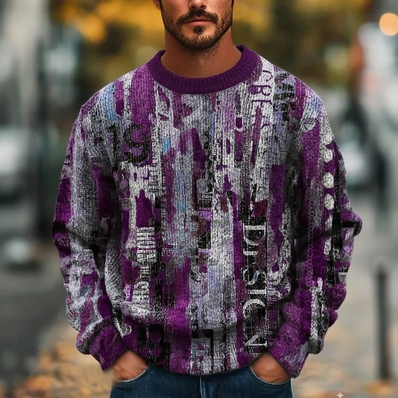 Men's Geometric Color Block Pullover Sweater Jumper Knitwear Crewneck Retro Vintage Casual Vacation Home Street 3D Print Knitting Keep Warm Long Sleeve Spring Fall Winter Blue Orange Amethyst2