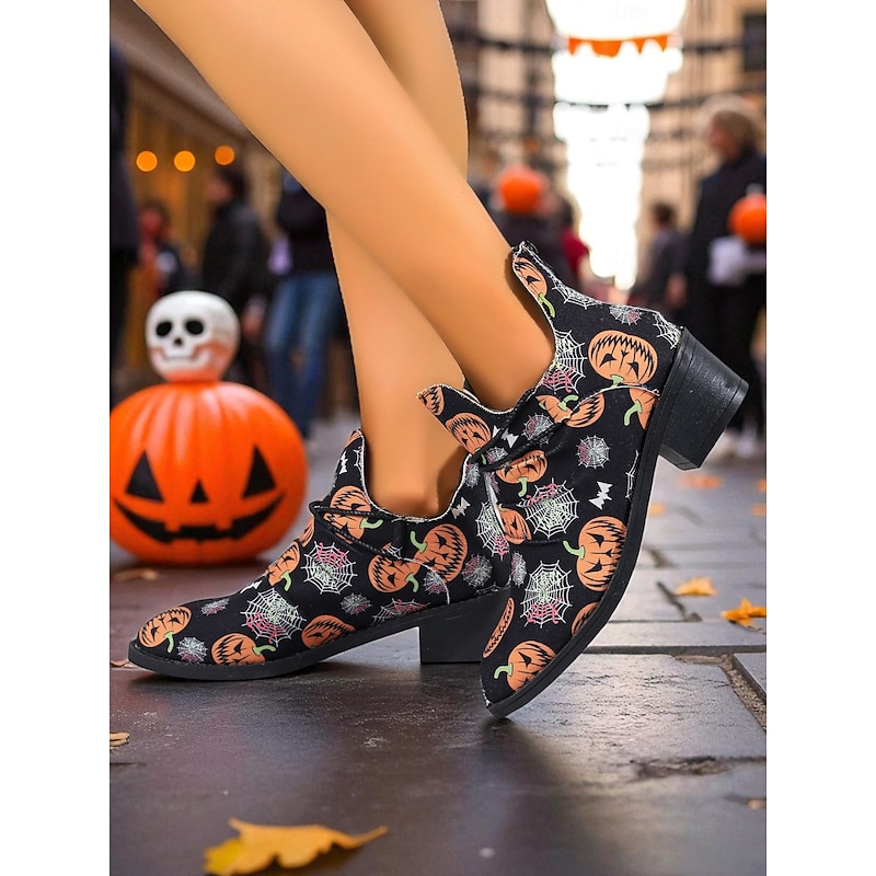 Women's Halloween Pumpkin and Spider Web Ankle Boots – Festive Low Heel Booties for Costume Party, Cosplay and Fall Fashion