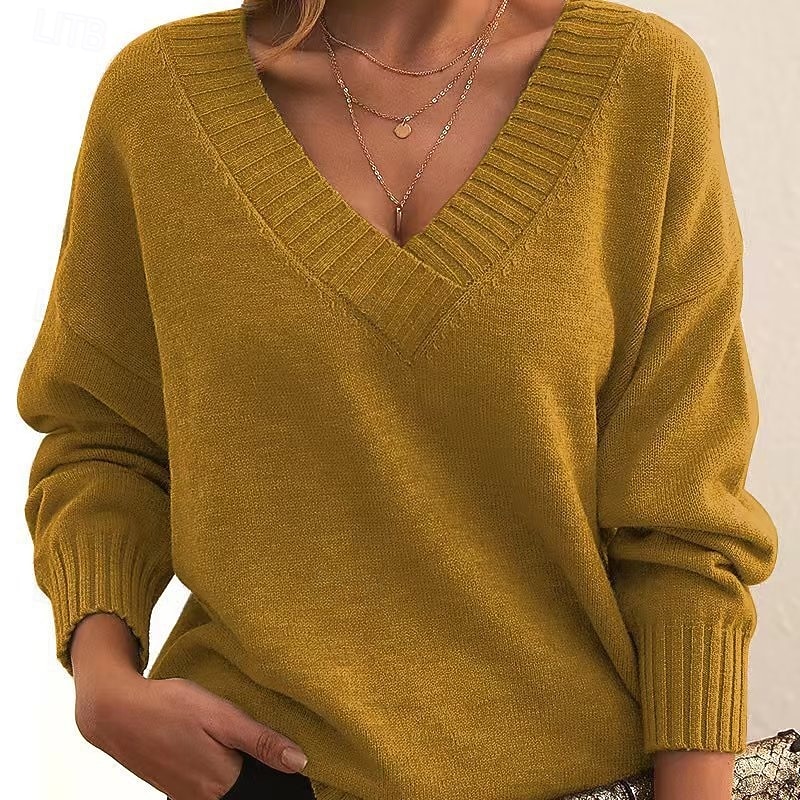Women's Sweater Pullover Streetwear Casual Solid Color V Neck Knitted Print Long Sleeve Regular Tops Knit Holiday Going out Weekend White Pink Fall Winter4