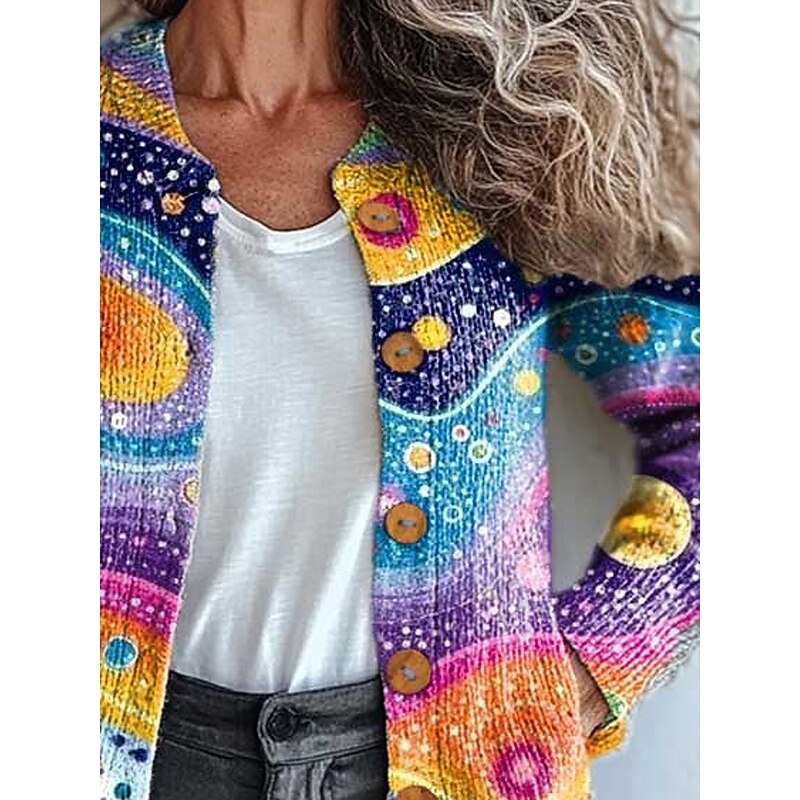 Women's Cardigan Daily Graphic Geometric Abstract Ribbed Crew Neck Floral Buttons Print Long Sleeve Regular Tops Knit Outdoor Weekend Blue Spring Fall2