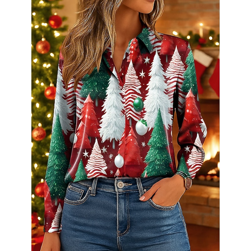 Christmas Women's Work Shirt Graphic Christmas Tree Elegant Vintage Tropical Long Sleeve Shirt Collar Regular Tops Work Party Evening Wear Daily Red Blue Purple Green Fall Winter Spring, Fall