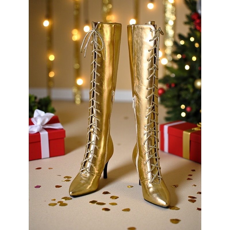 Women's Silver Metallic Lace-Up Knee High Boots with Pointed Toe and Stiletto Heel, Fashion Statement Footwear for Urban Party and Nightlife Outfits4