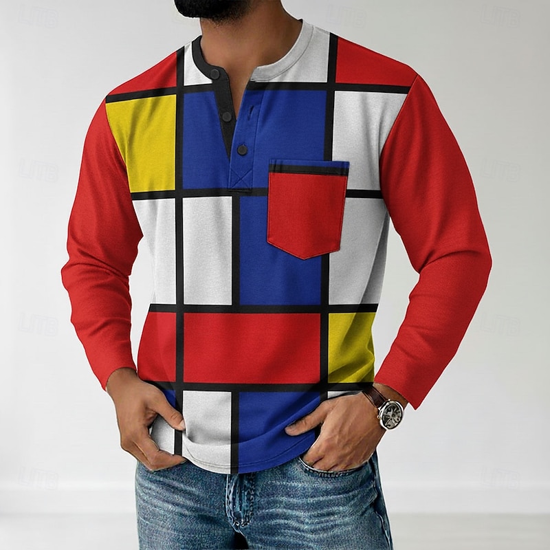 Men's Geometric Henley Shirt T shirt Tee Long Sleeve Retro Vintage Casual Casual Spring Fall Black White Blue Red Henley Henley T-Shirt4