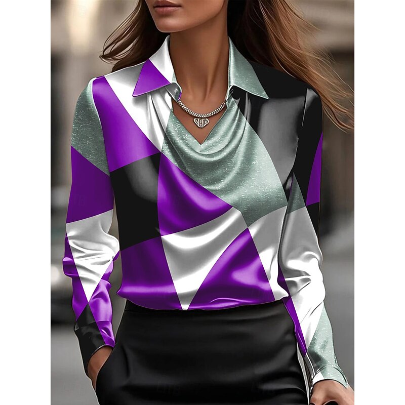 Women's Shirt Dressy Tops Formal Work Shirt Graphic Geometric Elegant Stylish Casual Long Sleeve Cowl Neck Regular Tops Work Party Evening Wear Daily Ruched Draped Red Blue Purple Green Summer Fall4