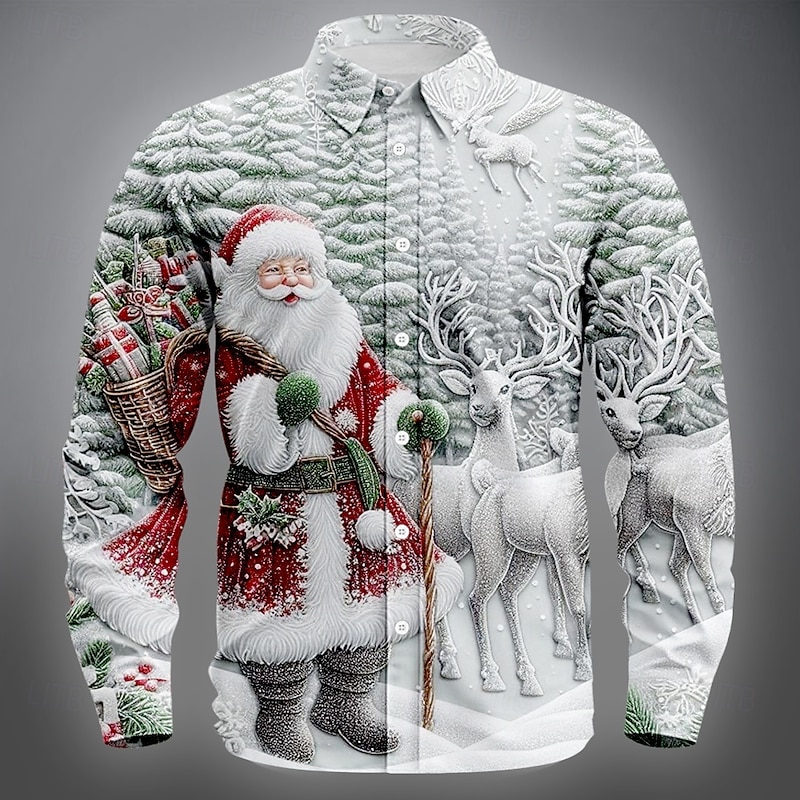 Christmas Men's Santa Claus Reindeer Christmas Costume Shirt Button Up Shirt Long Sleeve Funny Outdoor Holiday Spring Fall Turndown 3D Print Linen Like Shirt White 1 Blue 2# Blue 1# White White 22