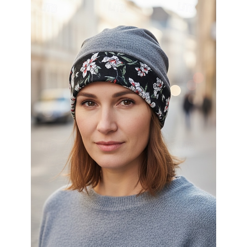 Women's Floral Print Beanie Hat, Soft Stretchy Slouchy Cap for Casual Wear, Outdoor Activities and Chemo Head Cover2