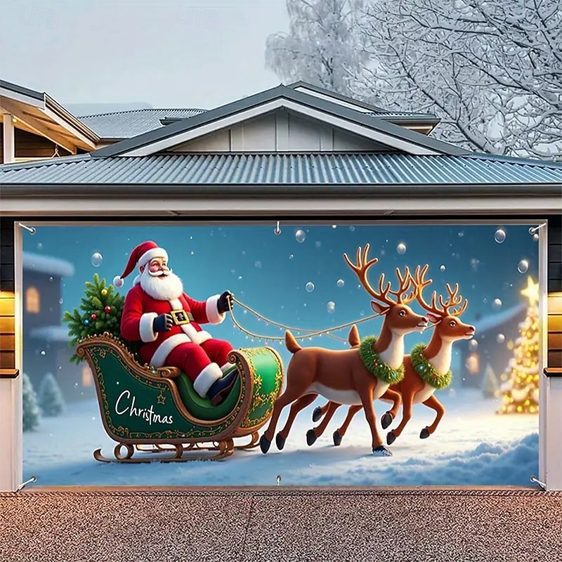Christmas Garage Door Cover Large Hanging Backdrop Santa Claus Cute 3D Party Outdoor Holiday Shooting Backgrounds Yard Home Decor2