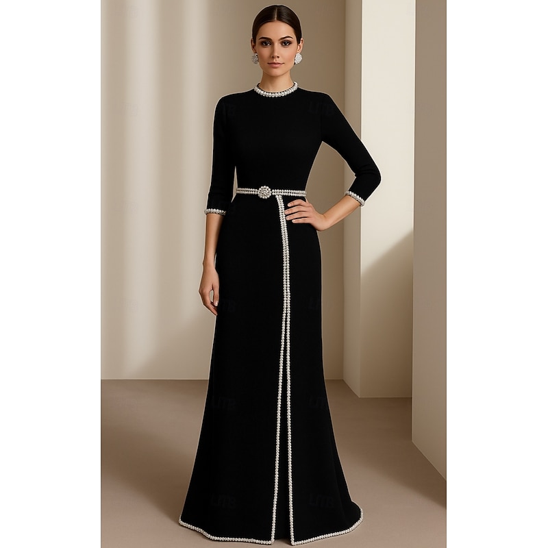Black Tie Sheath / Column Evening Gown Elegant Formal Dress Formal Wedding Floor Length 3/4 Length Sleeve Crew Neck Stretch Crepe with Pearls 2025