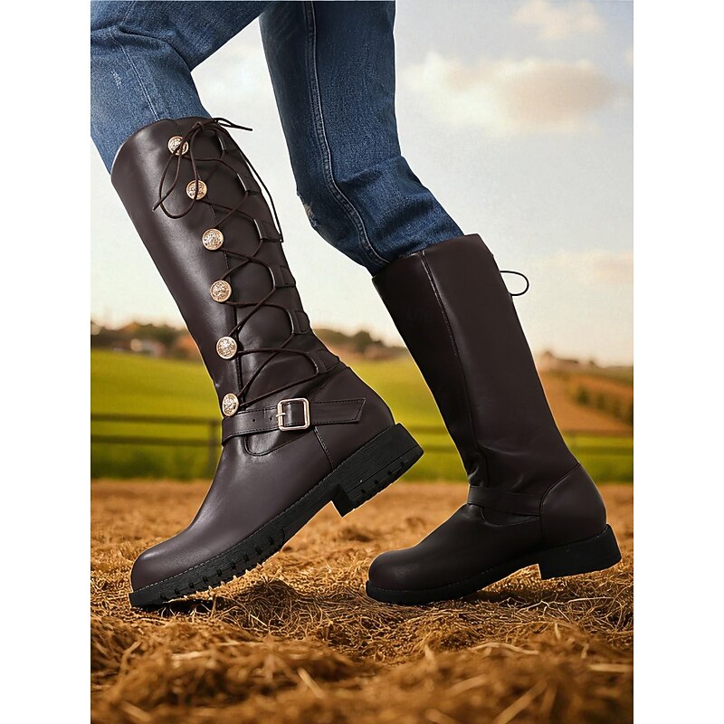 Women's Faux Leather Riding Boots – Brown Knee-High Lace-Up Equestrian Style with Buckle Strap and Decorative Buttons for Farm Work, Horseback Riding and Outdoor Fall Activities3