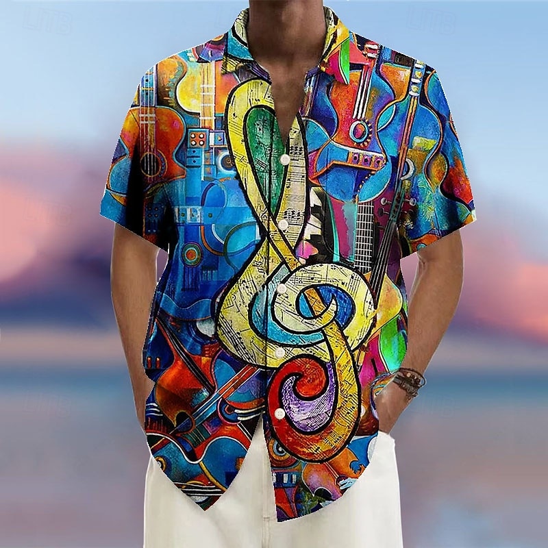 Men's Music Guitar Rock and Roll Shirt Summer Hawaiian Shirt Button Up Shirt Short Sleeves Fashion Streetwear Designer Outdoor Street Casual Summer Spring Turndown Print Apricot Yellow Blue Green