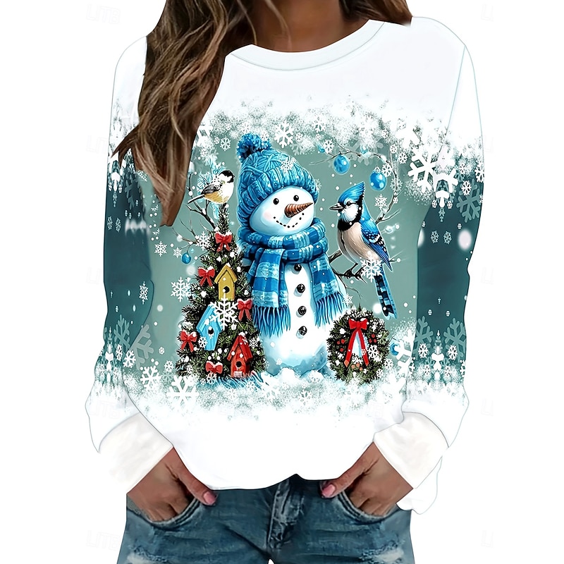 Women's Pullover Sweatshirt Hoodies Graphic Snowman Christmas Fashion Casual Long Sleeve Crew Neck Round Neck Regular Tops Street Dailywear Casual Print Light Blue Spring Fall Winter